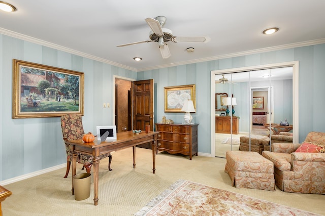 home office featuring light colored carpet and ornamental molding