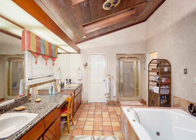 bathroom featuring independent shower and bath, vanity, vaulted ceiling, and wooden ceiling