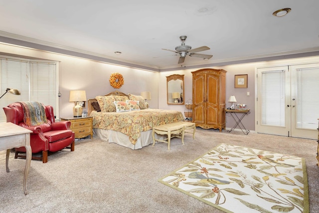 bedroom with french doors, light colored carpet, ceiling fan, and ornamental molding