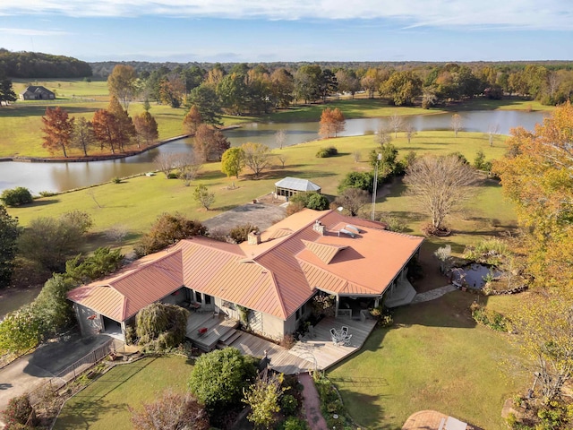 drone / aerial view with a water view