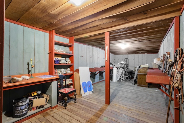 basement with hardwood / wood-style floors, wood ceiling, and wooden walls