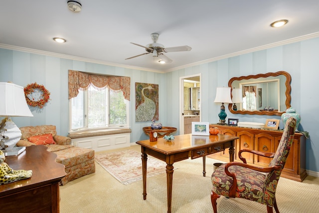 carpeted home office featuring ceiling fan and ornamental molding