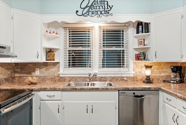 kitchen with white cabinets, sink, stainless steel appliances, and exhaust hood