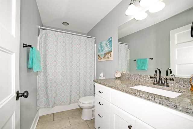  - full bath featuring vanity, tile patterned flooring, toilet, and shower / tub combo