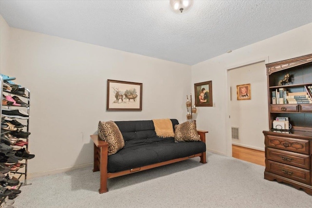 carpeted living room with a textured ceiling