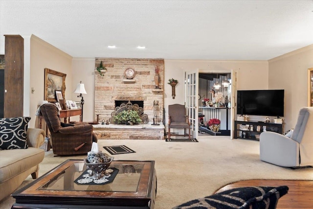 living room with a stone fireplace, carpet floors, a textured ceiling, and ornamental molding