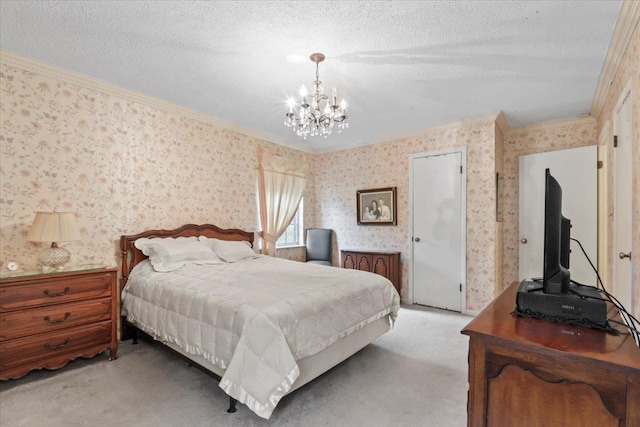 bedroom featuring a textured ceiling, light carpet, a notable chandelier, and ornamental molding