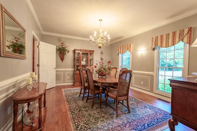 dining space featuring dark hardwood / wood-style flooring, ornamental molding, a textured ceiling, and an inviting chandelier