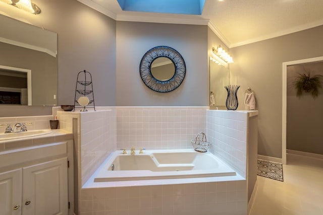 bathroom with tiled bath, crown molding, tile patterned flooring, and vanity