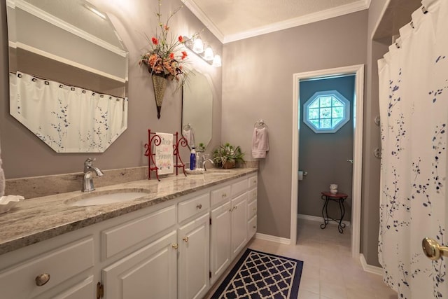 bathroom with tile patterned flooring, vanity, ornamental molding, and a shower with curtain