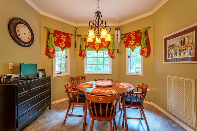 dining area with carpet, an inviting chandelier, and crown molding