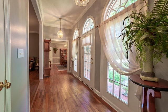 doorway with dark hardwood / wood-style flooring, ornamental molding, and a chandelier