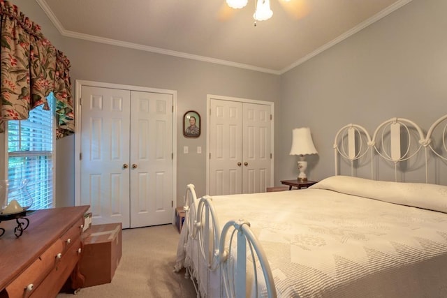 carpeted bedroom featuring multiple closets and ornamental molding