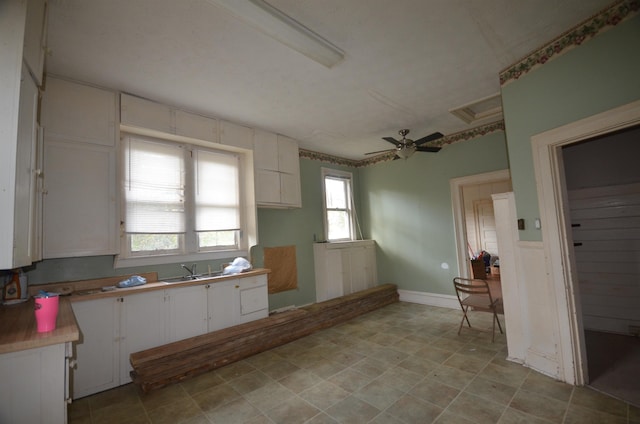 kitchen featuring white cabinets, ceiling fan, and sink