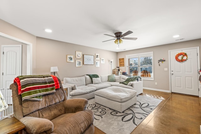 living room featuring ceiling fan