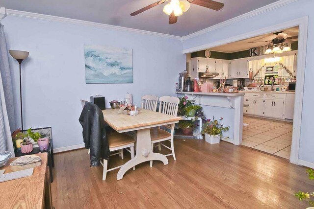 dining room with ceiling fan, light hardwood / wood-style floors, and ornamental molding