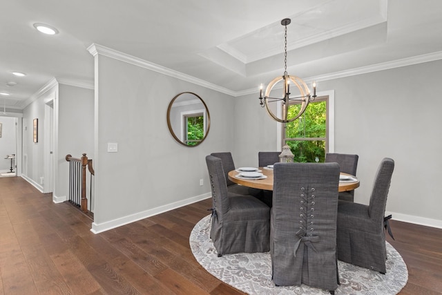 dining space featuring wood finished floors, a chandelier, baseboards, ornamental molding, and recessed lighting