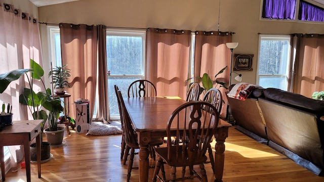 dining room with lofted ceiling, a wealth of natural light, and light hardwood / wood-style flooring