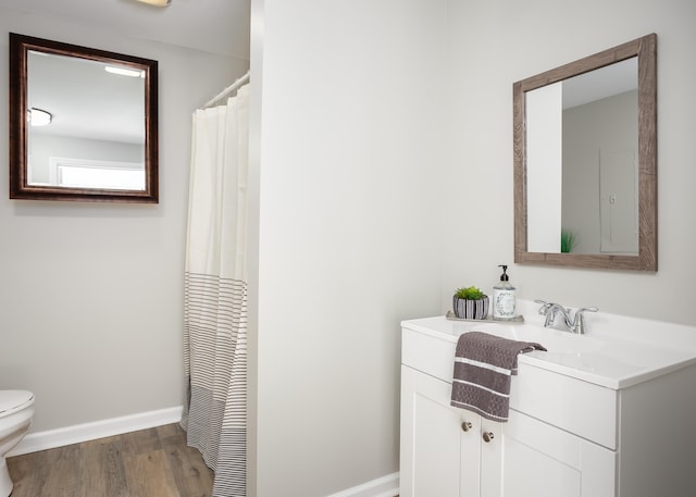 bathroom featuring vanity, hardwood / wood-style flooring, and toilet