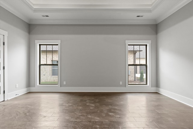 spare room featuring a raised ceiling, dark wood-type flooring, and ornamental molding