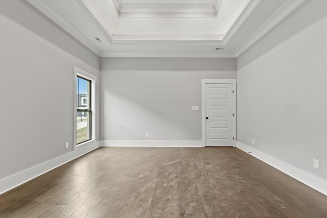 unfurnished room with a raised ceiling and crown molding