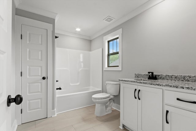 full bathroom with crown molding, vanity, tub / shower combination, and toilet