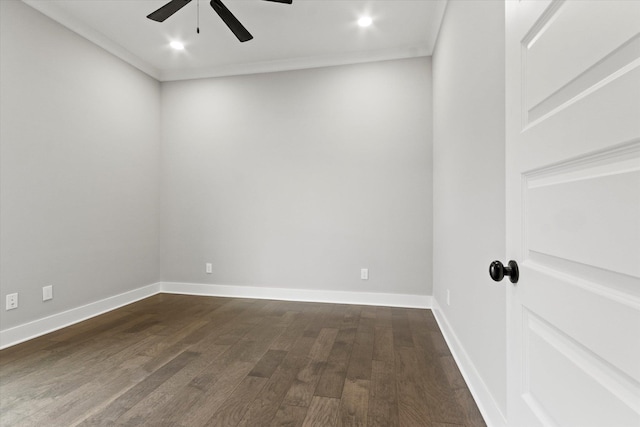 unfurnished room with ceiling fan, dark hardwood / wood-style flooring, and ornamental molding