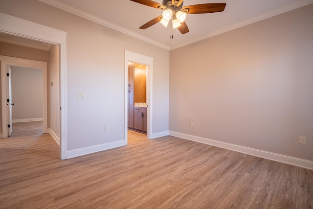 unfurnished bedroom with ceiling fan, crown molding, connected bathroom, and light hardwood / wood-style floors