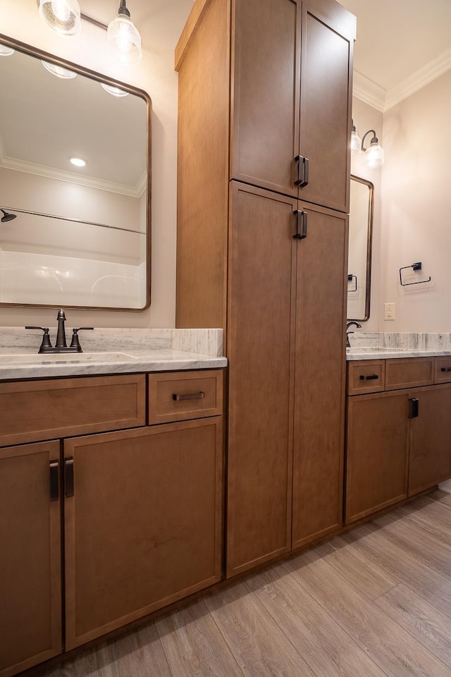 bathroom featuring hardwood / wood-style flooring, ornamental molding, and vanity