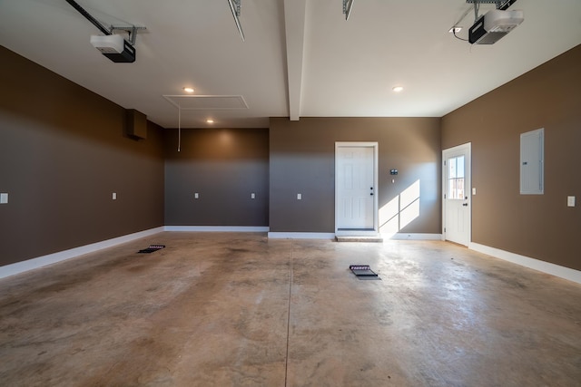 garage with electric panel and a garage door opener