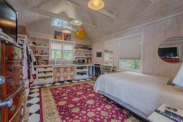 - bedroom featuring tile patterned floors, wooden walls, lofted ceiling, and wood ceiling