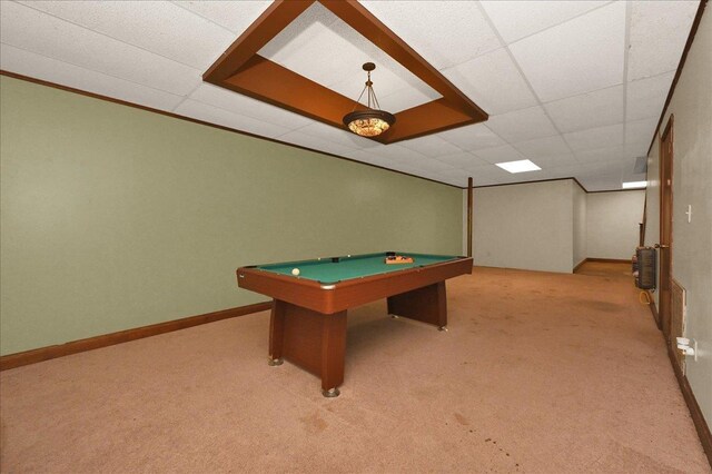 - game room with carpet flooring, a paneled ceiling, billiards, and baseboards