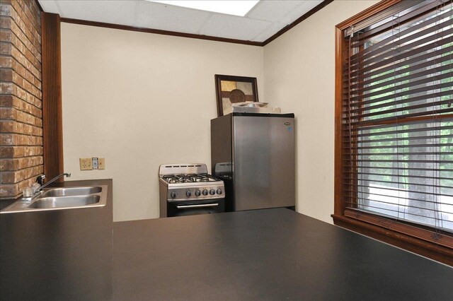  - kitchen featuring freestanding refrigerator, gas stove, a sink, and ornamental molding