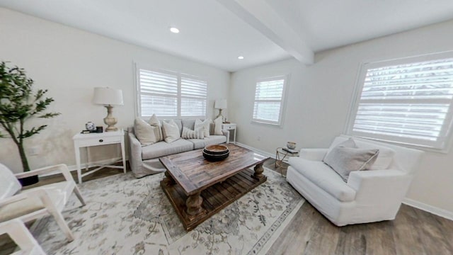 living room featuring wood-type flooring and beamed ceiling