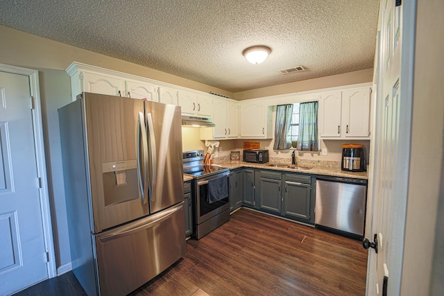  - kitchen featuring appliances with stainless steel finishes, a sink, white cabinets, dark wood-type flooring, and a textured ceiling