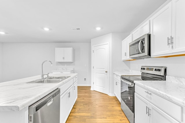  - kitchen with stainless steel appliances, a sink, light wood-style floors, recessed lighting, and white cabinets