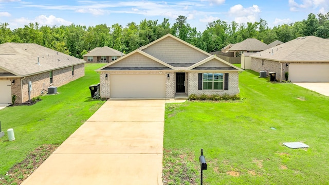 - craftsman-style house featuring brick siding, a front lawn, central AC, and concrete driveway