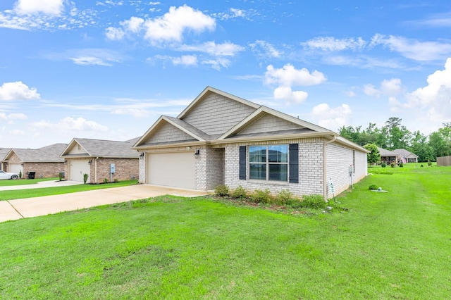  - view of front facade featuring an attached garage, a front lawn, concrete driveway, and brick siding