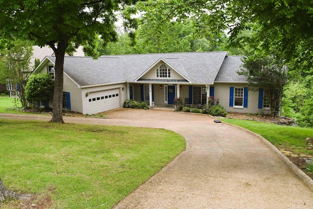 - view of front of home featuring asphalt driveway, a porch, an attached garage, and a front lawn