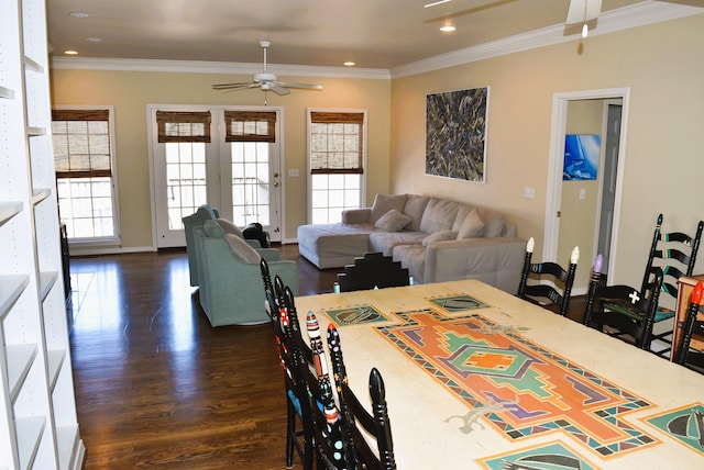  - dining area with a ceiling fan, dark wood-style flooring, crown molding, recessed lighting, and baseboards