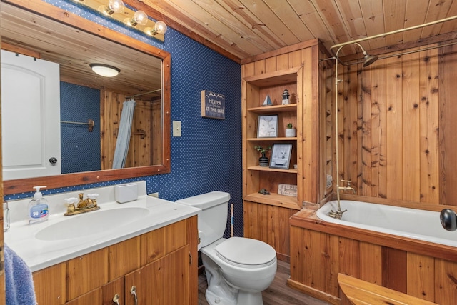 bathroom featuring vanity, toilet, wooden ceiling, and wood-type flooring