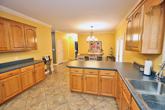 kitchen featuring light tile patterned floors, decorative light fixtures, a chandelier, ornamental molding, and sink