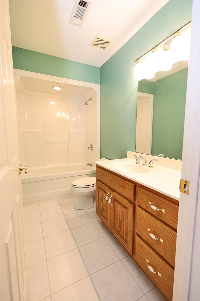 full bathroom with vanity, shower / washtub combination, tile patterned flooring, and toilet