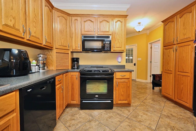 kitchen with light tile patterned flooring, black appliances, and ornamental molding