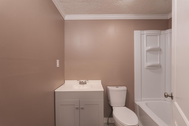 full bath with toilet, a textured ceiling, ornamental molding, and vanity