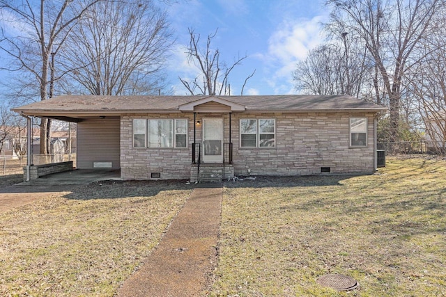 single story home featuring a carport, a front yard, and central AC unit