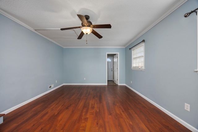 unfurnished room featuring ceiling fan, dark hardwood / wood-style flooring, ornamental molding, and a textured ceiling