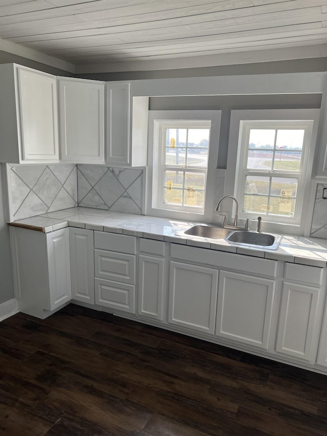 kitchen featuring sink, white cabinets, wooden ceiling, and dark hardwood / wood-style floors