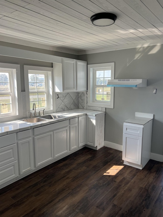 kitchen featuring decorative backsplash, ventilation hood, wooden ceiling, white cabinets, and dark hardwood / wood-style floors