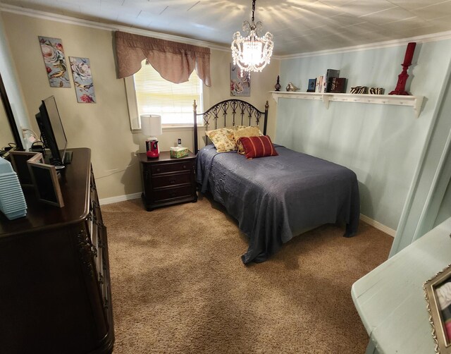  - bedroom featuring ornamental molding, light colored carpet, and a chandelier